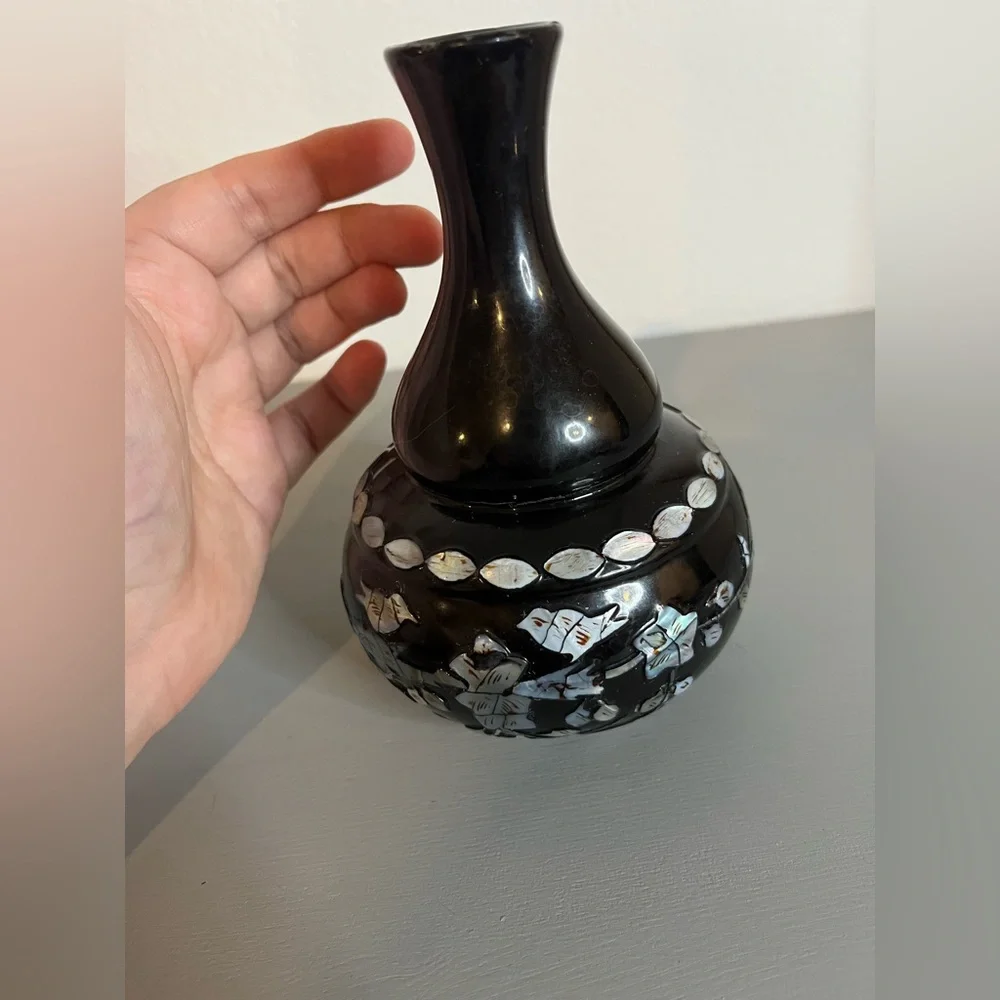Vintage Orient Express Black Plastic Mother Of Pearl Vase Korea Floral BirdMotif